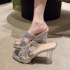 Женские летние босоножки на высоком толстом каблуке, модные сандалии со стразами, с круглым носком, на водонепроницаемой платформе, уличные шлепанцы