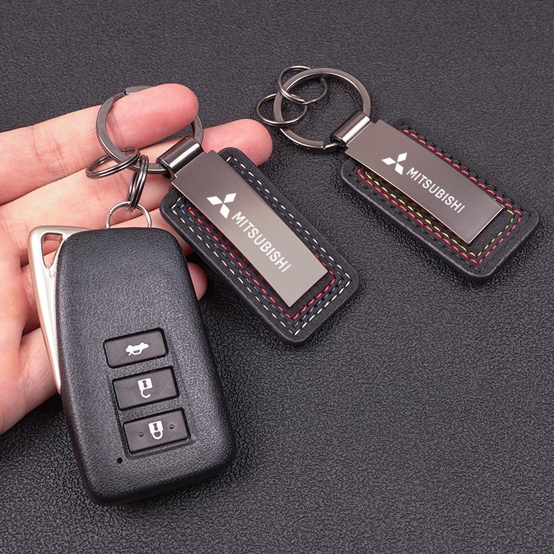 Carbon Fiber Leather Car Logo Keychain Key Ring Pendant For Mitsubishi Lancer Ralliart ASX Mirage Pajero Xpander Attrage L200