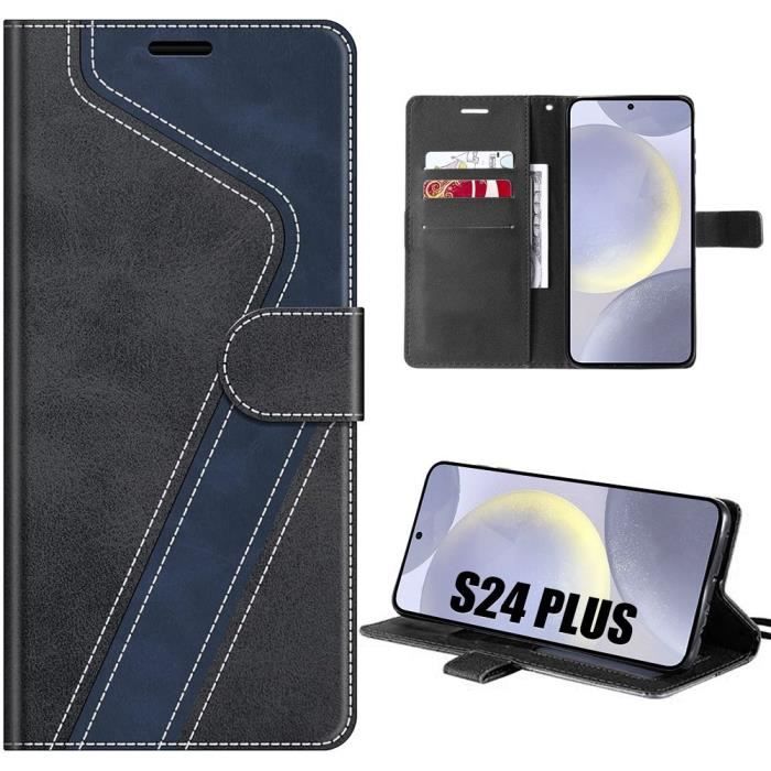 Coque de protection - Efconnection - pour Samsung Galaxy S24 Plus - Souple - Antichoc - Cuir PU Noir-Bleu Marine