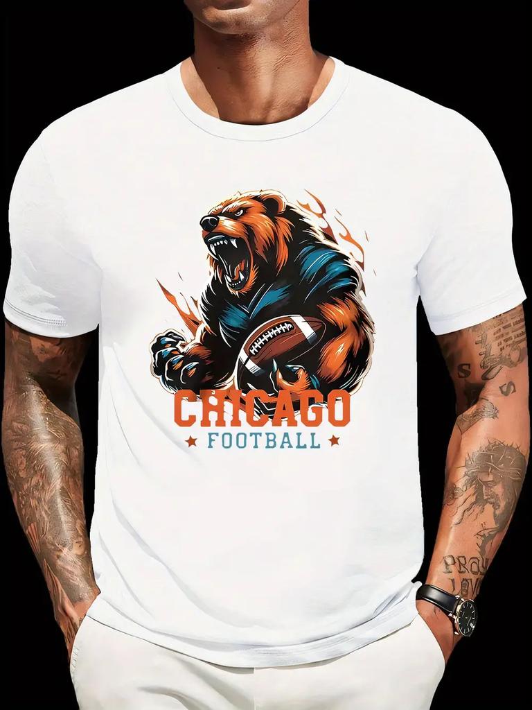 Chicago Football Bear Logo Graphic T-shirt - Regular Fit Casual Short Sleeve Tee with Vibrant Blue & Orange Print