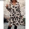 MODIQUE 2025 Лето Плюс Размер Новое Женское Повседневное Сексуальное Леопардовое Платье С Коротким Рукавом Свободное Платье А-силуэта с Длинным Рукавом и V-образным Вырезом