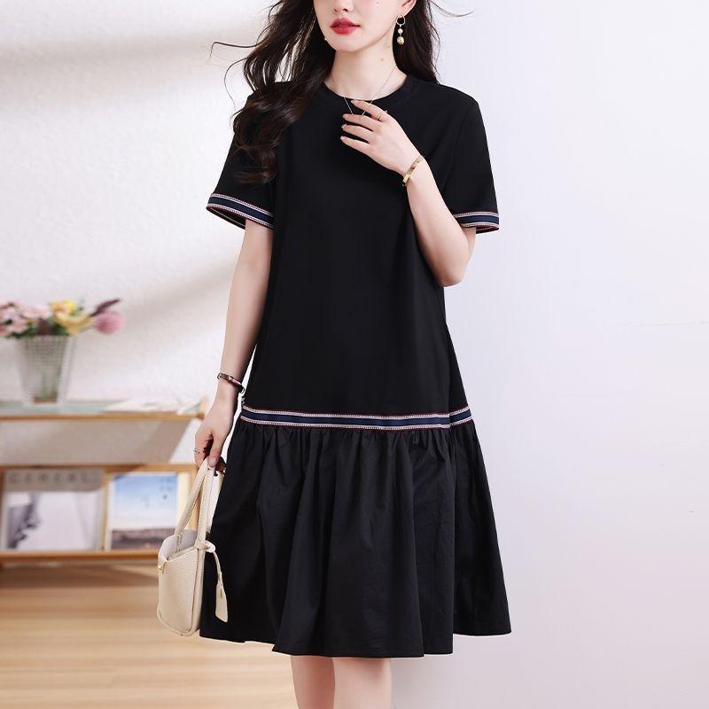 Basic Casual Loose Dresses Bright Line Decoration Summer Short Sleeve A-Line Korean Spliced Midi Dress