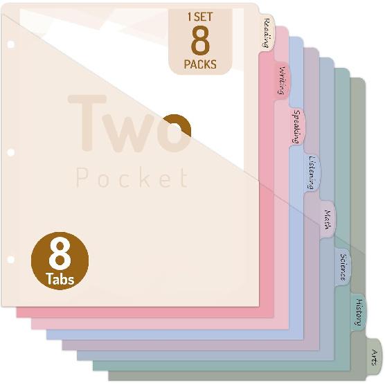 Forvencer 8 Count Dividers for 3 Ring Binder, 8 Tabs Binder Dividers with 2 Pockets, Binder Dividers with Tabs for School Office and Home