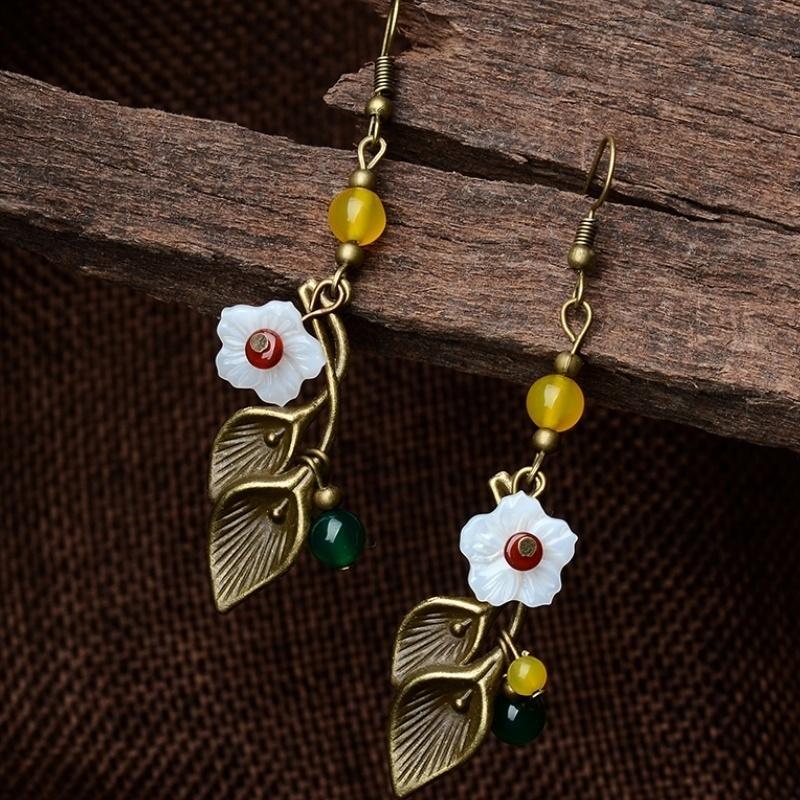 Antique Earrings with Stone Flower Vintage Drop Earrings for Women Leaf Dangling Earrings Fashion Jewelry