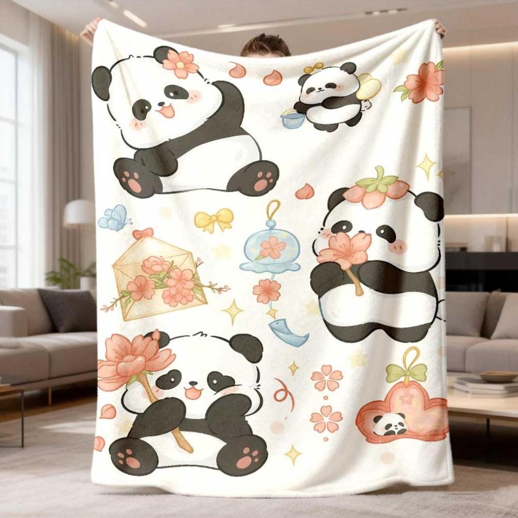 1pc Adorable Panda & Heart Flannel Blanket Suitable for Bed Sofa Travel Camping - Ultra Soft Cozy Bedspread with Panda Print -