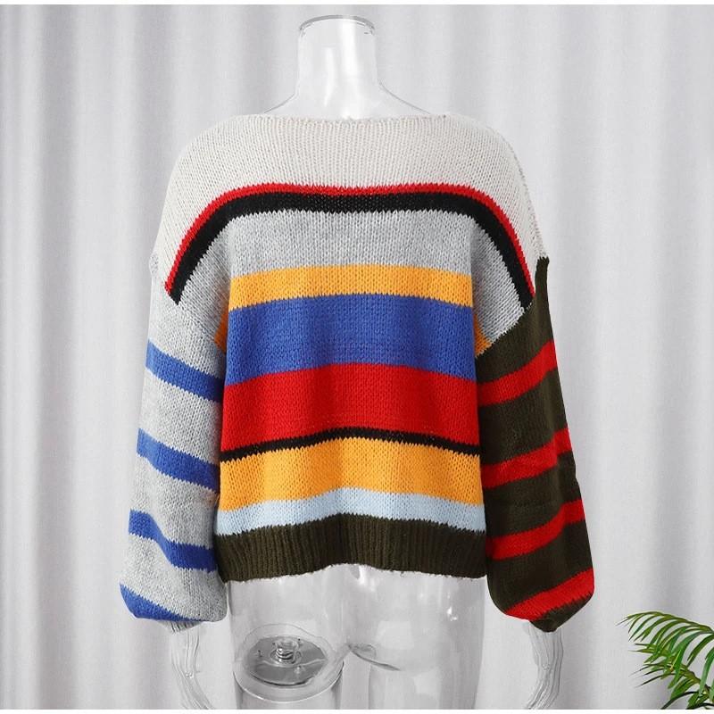 Color Block Striped Loose Knit Sweater Womens Casual Long Sleeve Rainbow Pullover