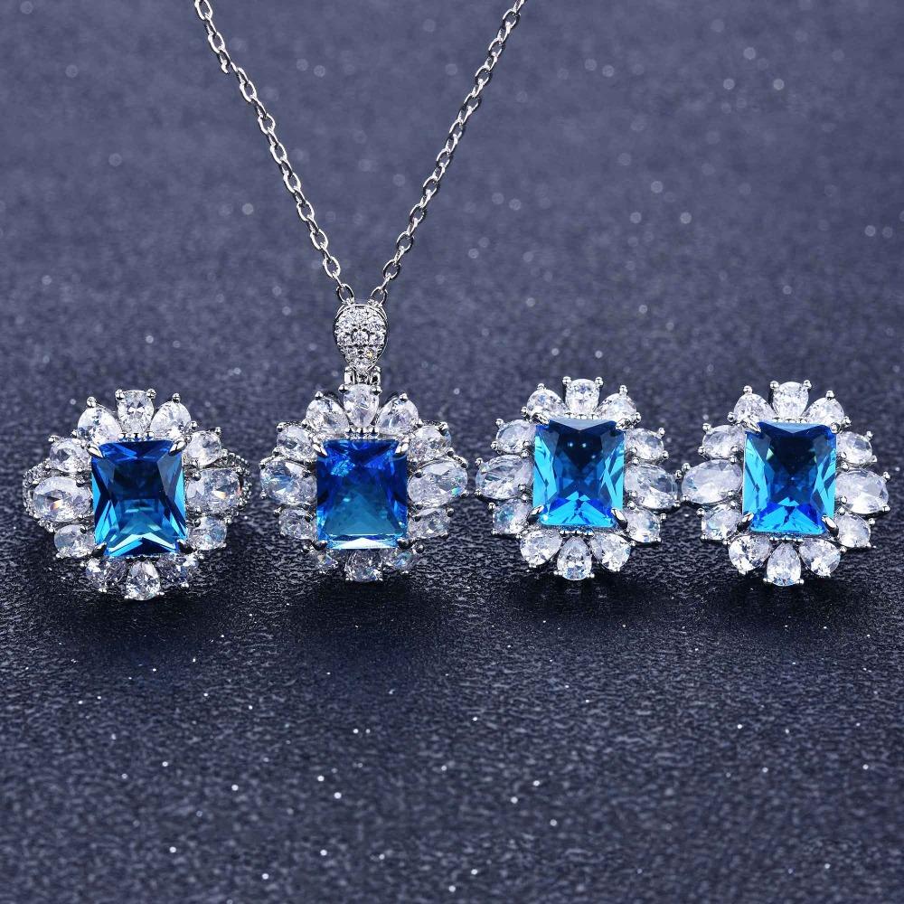 Elegant Women Jewelry Set Asscher Yellow Topaz Blue Argyle Pink Square Diamond Ring Earrings Pendant