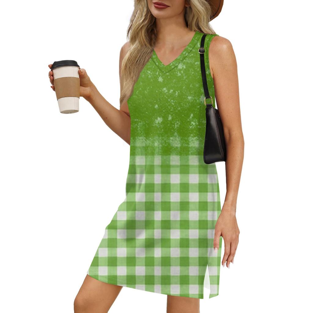 Женский летний повседневный сарафан без рукавов с V-образным вырезом и принтом в клетку для пляжного отдыха