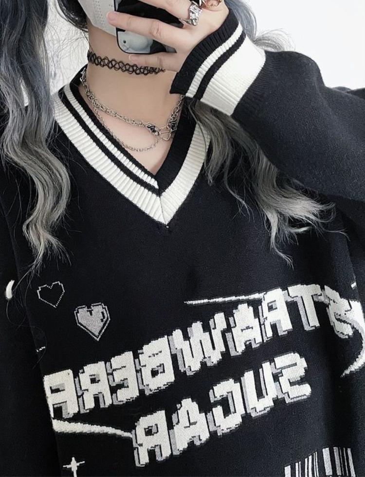 Женские толстовки большого размера Y2K в черную полоску в стиле Харадзюку, толстовки с буквенным принтом в стиле гранж, свободные повседневные топы с v-образным вырезом в готическом стиле