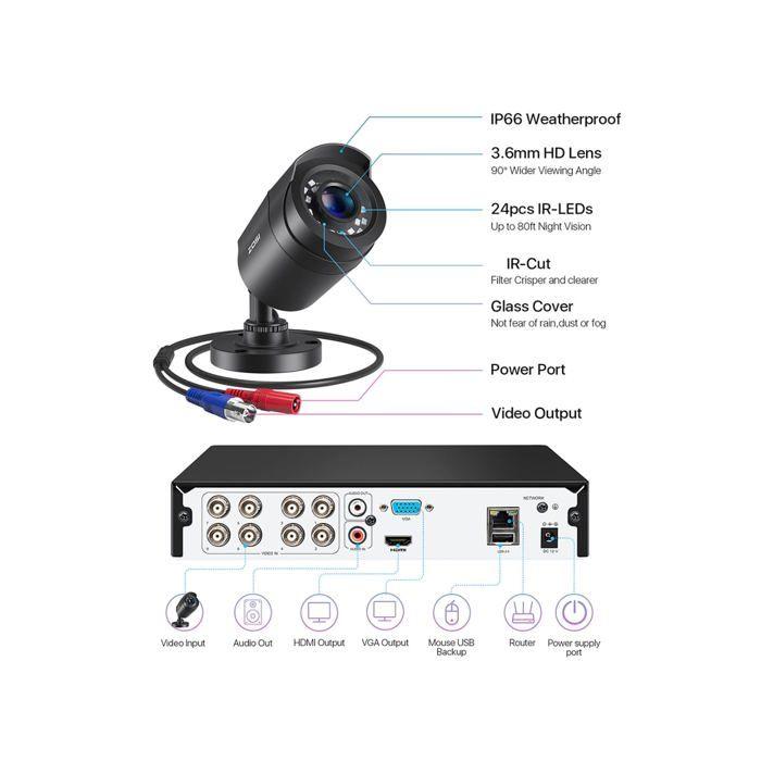 Kit de vidéosurveillance - ZO.SI - 8 caméras - Disque dur 1 To - Vision nocturne IP66
