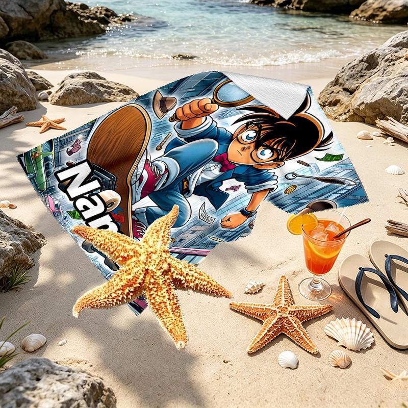 Custom Name Personalized Anime Print Beach Towel, for Trip Camping Beach Party Home Decor, Birthday Gift for Family & Friends
