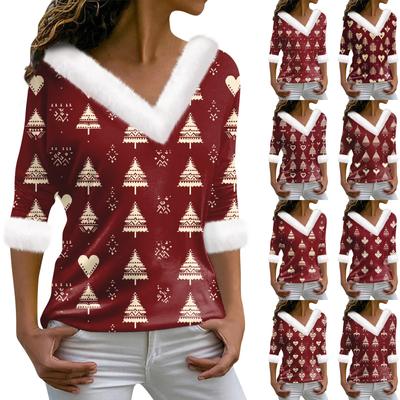 Женская футболка с рождественским принтом, длинный рукав, флисовый воротник, V-образный вырез, футболка
