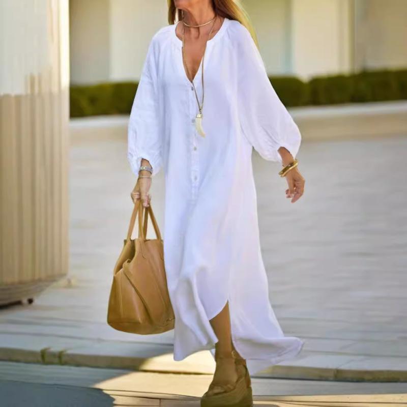 Tooxika 2024 Осень Новое повседневное свободное платье-рубашка с V-образным вырезом большого размера с длинными рукавами из хлопка и льна