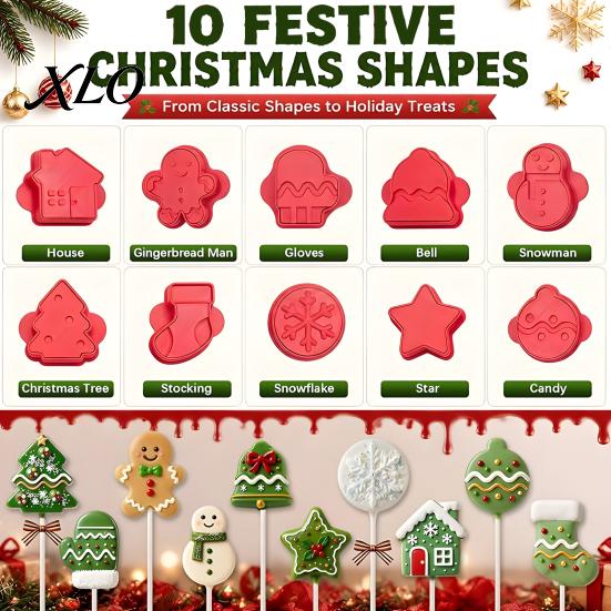 Easy Release Cookie Molds 10 Pairs Christmas Cutter Set, Biscuit Stamp Mold with Pop Sticks, Gingerbread Tree Cake Man House DIY Lollipop Making Kit,