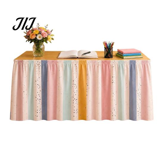 Pleated Table Skirting Pencil Pattern Skirt for Teacher Desk, Rectangle Tablecover with Hook Hospitality Loop Setup, Classroom Back to School Supplies