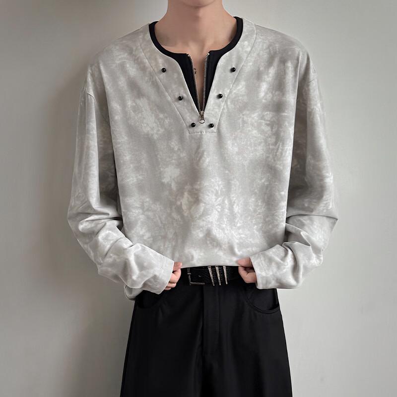 Dingfengbaoluo Lazy Style Two-in-One Long Sleeve T-Shirt American Vintage Tie-Dye Half-Zip Loose Top