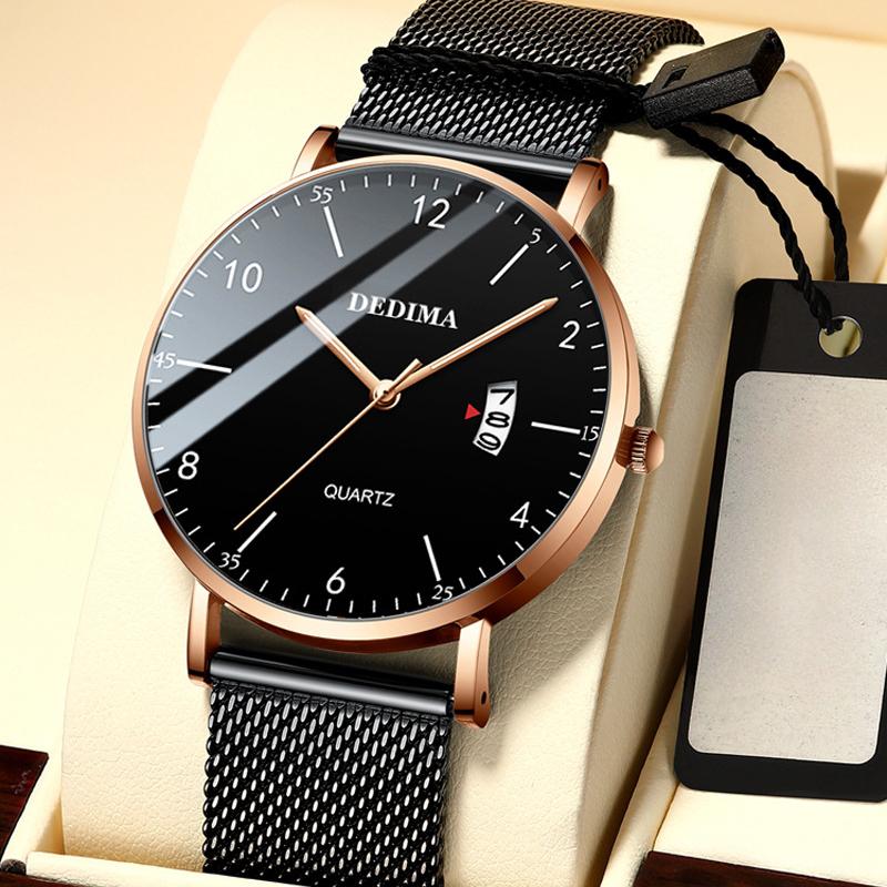 Новые ультратонкие мужские водонепроницаемые кварцевые часы со светящимся стальным сетчатым ремнем, трендовые часы, настоящие часы с ремнем