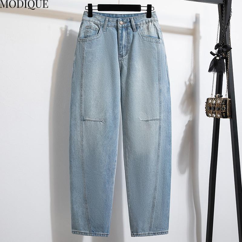 MODIQUE 2025 New Plus Size Summer Women's Loose Casual Straight Wide Leg Sickle Denim Long Pant Ladies Elastic Solid Color Blue Jeans
