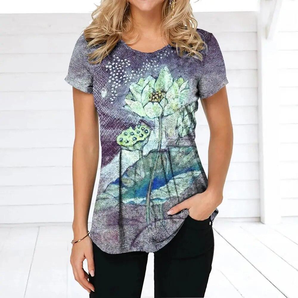 Летняя женская футболка в стиле ретро с цветочным принтом, повседневная повседневная футболка, обычный пуловер для женщин, женская одежда с коротким рукавом и круглым вырезом