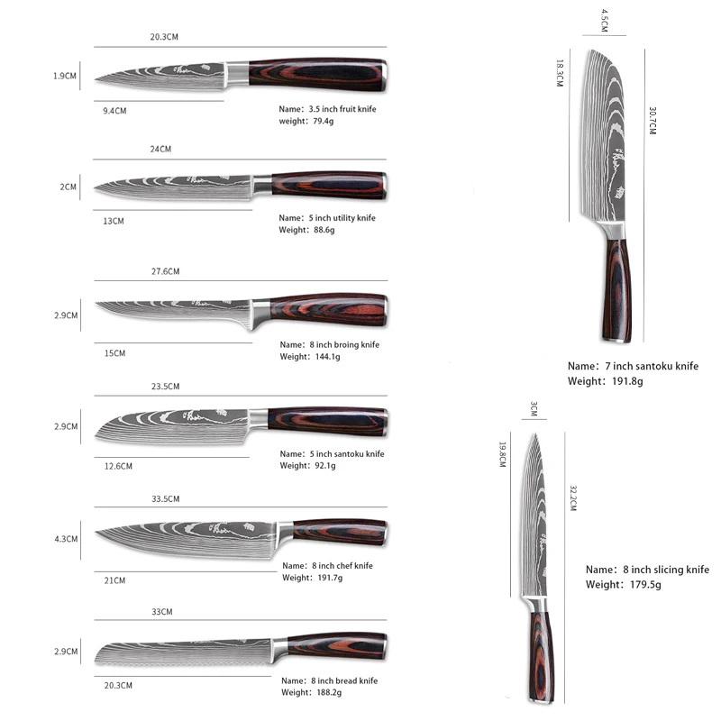 8 шт./компл., набор ножей шеф-повара из нержавеющей стали с дамасским узором, набор кухонных ножей, нож для мясника, нож для овощей, резак