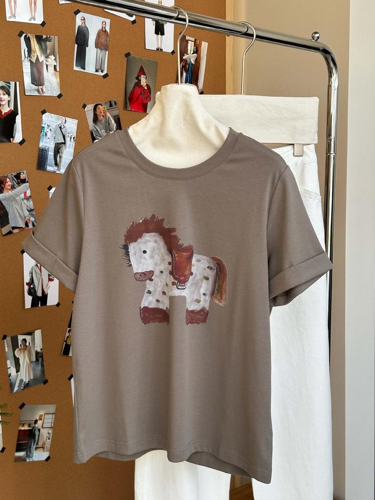 Мультяшная футболка с радужным пони, круглый вырез - Омолаживающая, Универсальная, Короткий рукав, Повседневная