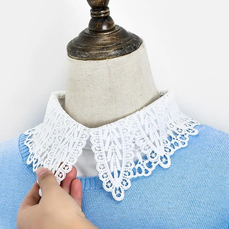 Elegant Women Hollow Out Floral Lace Fake Collar White Ladies Detachable Lapel Half Shirt Blouse Tops Female False Collars