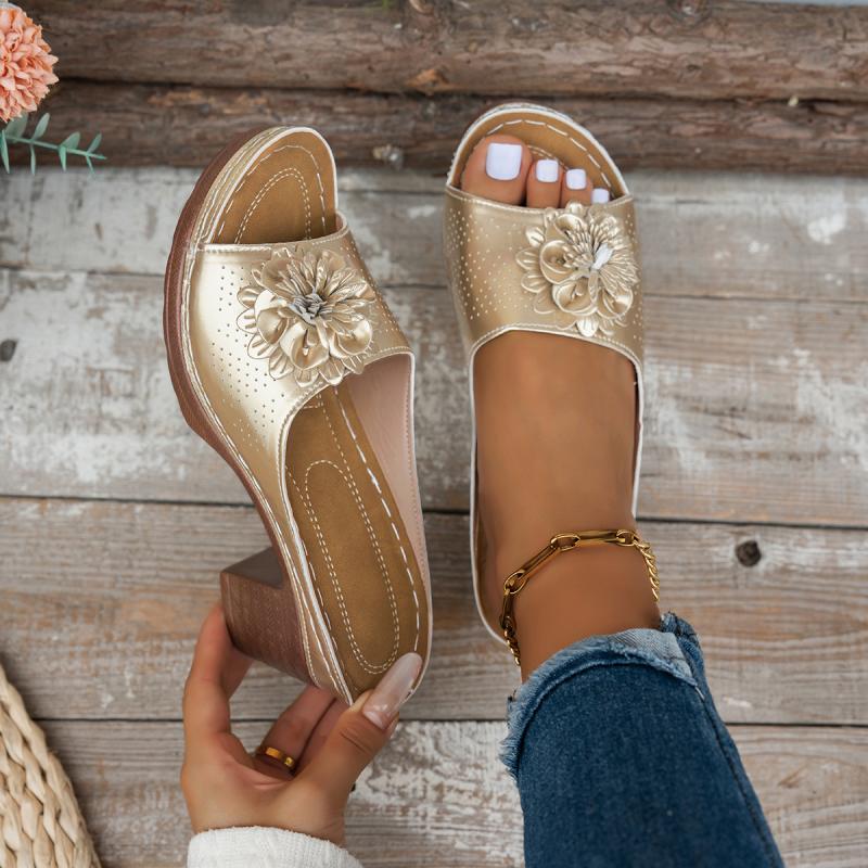 Модные винтажные сандалии-слайды с цветочной декорацией в богемном стиле, дышащим ремешком, на высоком каблуке, летние элегантные шлепанцы с мягкой подошвой