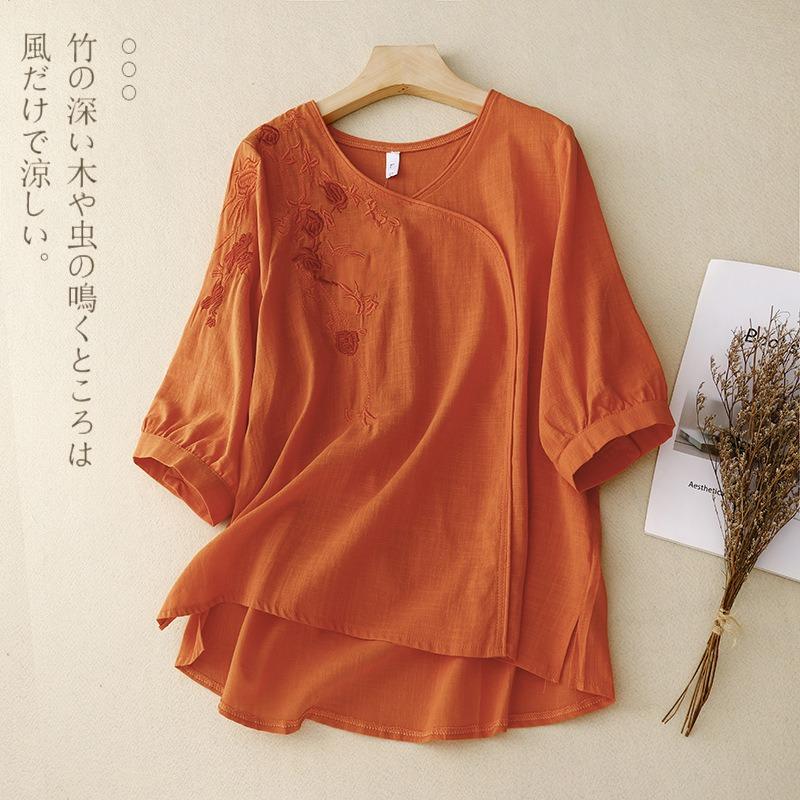 Новый летний стиль 700-й рукав три четверти Вышитая рубашка для женского литературного ретро свободного кроя Вышитый хлопок и лен Топ