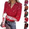 Женская модная повседневная блузка с V-образным вырезом, длинными рукавами и принтом на рождественскую тематику, застегивающаяся на пуговицы