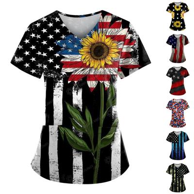 Женские свободные топы с короткими рукавами на День независимости. Повседневные топы больших размеров с V-образным вырезом и короткими рукавами. Повседневные летние футболки. Женские топы. Футболки. Спецодежда.