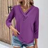 Womens 3/4 Sleeve Daily Weekend V Neck Casual Printed Tshirts Loose Fit Pleated Tees Ladies Blouse