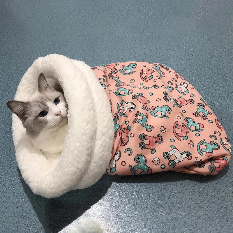 Теплый спальный мешок для кошек, мягкий, пушистый, на ощупь, утолщенный, карманный, одеяло для домашних животных, удобное гнездо для котят, щенков, товары для животных