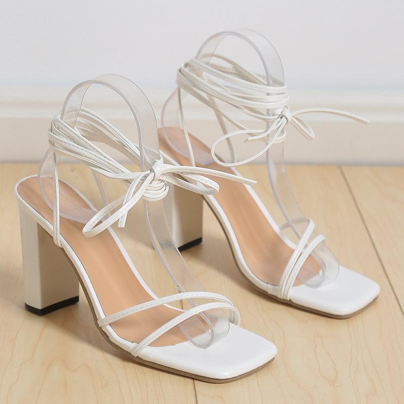 2025 Summer Large Size Foreign Trade Women's Shoes Sexy Square Head Straps Stiletto High Heels Cross Straps Sandals Women