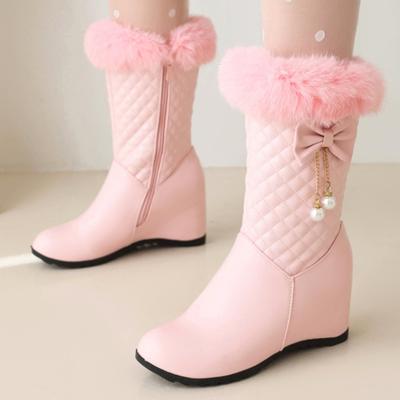 Теплые меховые женские высокие зимние сапоги 2024 плюшевые зимние туфли водонепроницаемые модные с увеличивающей рост танкеткой ботфорты до колена большого размера