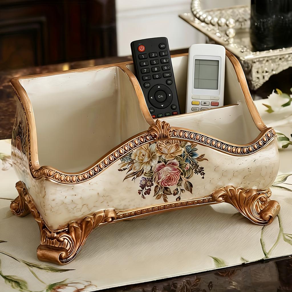 1PC Vintage Floral Pattern Resin Tray - Abstract Design Double Grid Remote Control Storage Rack and Desktop Organizer