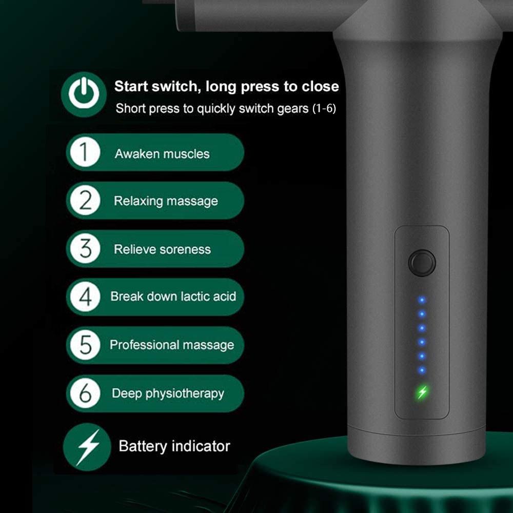 Модернизированный массажный пистолет для массажа глубоких мышц с 6 массажными головками