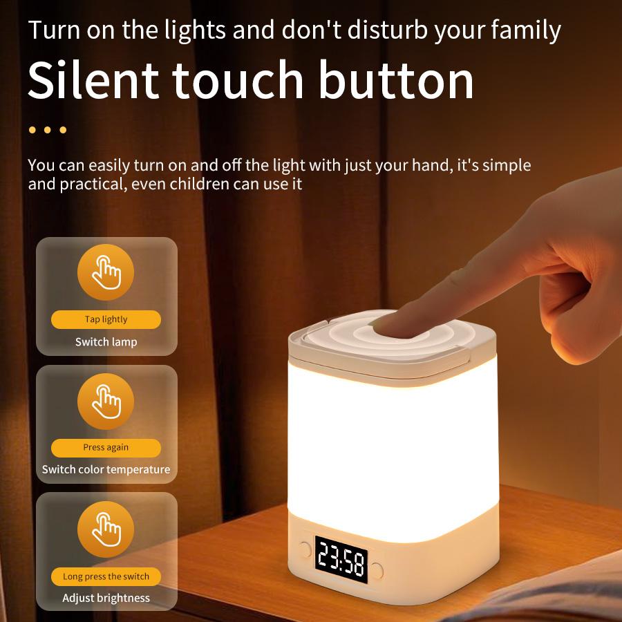 Rechargeable Led Table Lamp with Clock Time Display Night Light Remote Control for Bedroom Bedside Nursery Reading Book Light