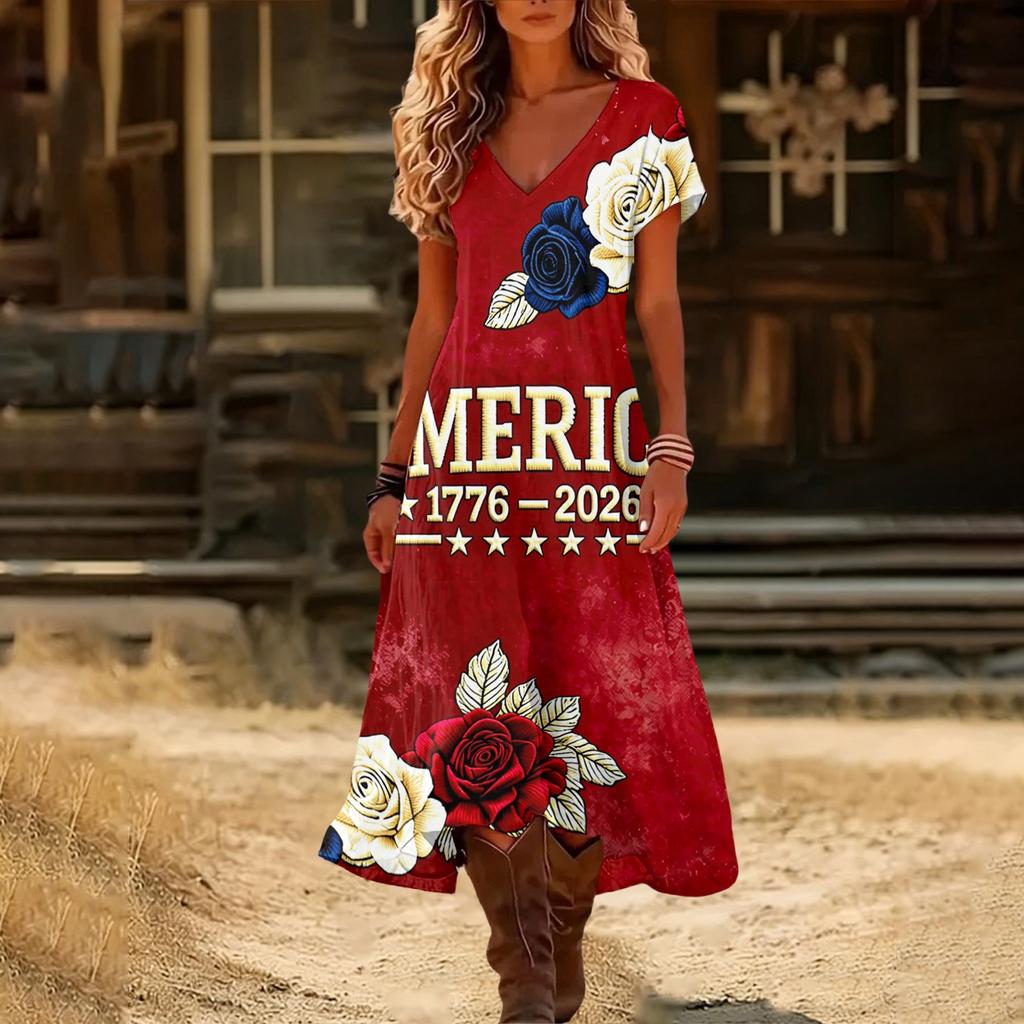 Women’s V Neck Short Sleeve Maxi Dress with 1776 America Print Gradient Hem and Floral Graphic Casual Loose Fit