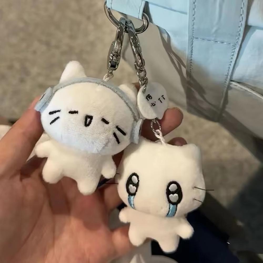 Cute Headphones Kitten Couple Keychain Mini Crying Cat Doll Plush Keyring Cartoon Bag Pendant Charms Backpack Decoration A19