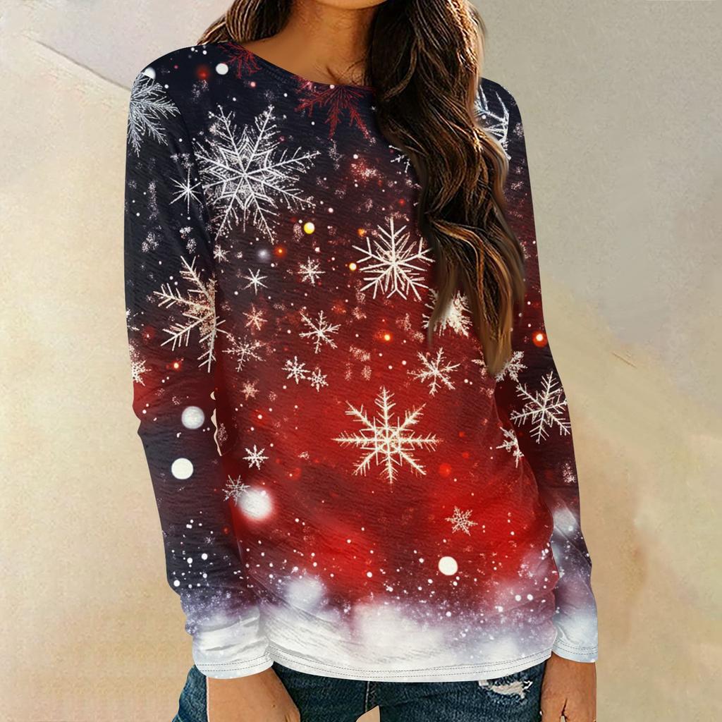 Женская мода круглый вырез пуловер с глубокими рукавами футболка с рождественским принтом топ