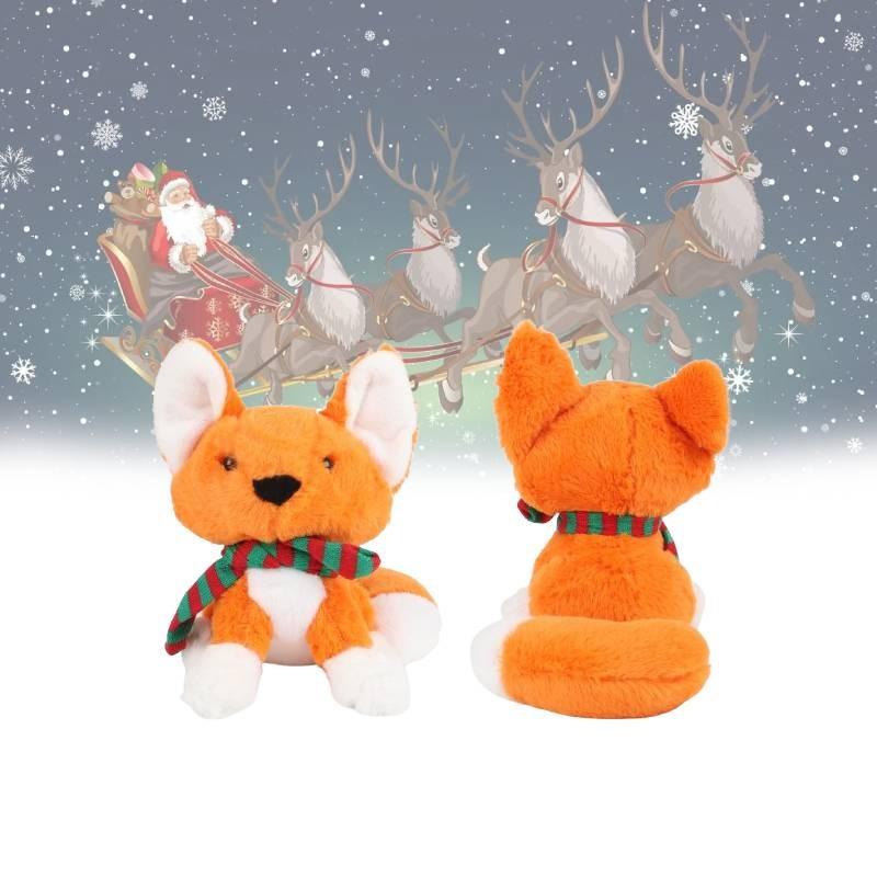 Уютная рождественская лиса, плюшевая игрушка из мягкого короткого плюша с разноцветным шарфом, подарок для праздничного настроения