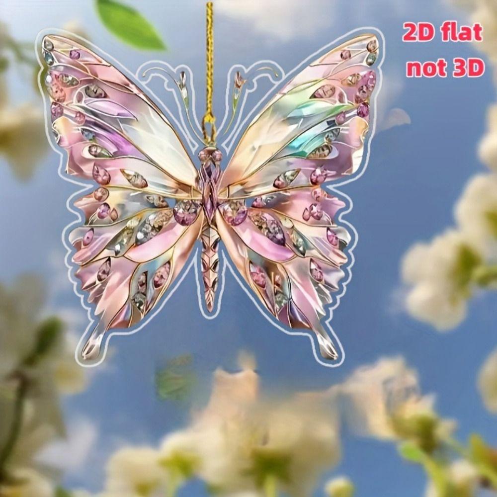 2D Car Accessories Acrylic Purple Aesthetic Rear View Mirror Charm Butterfly Shape Sparkling Home Decoration