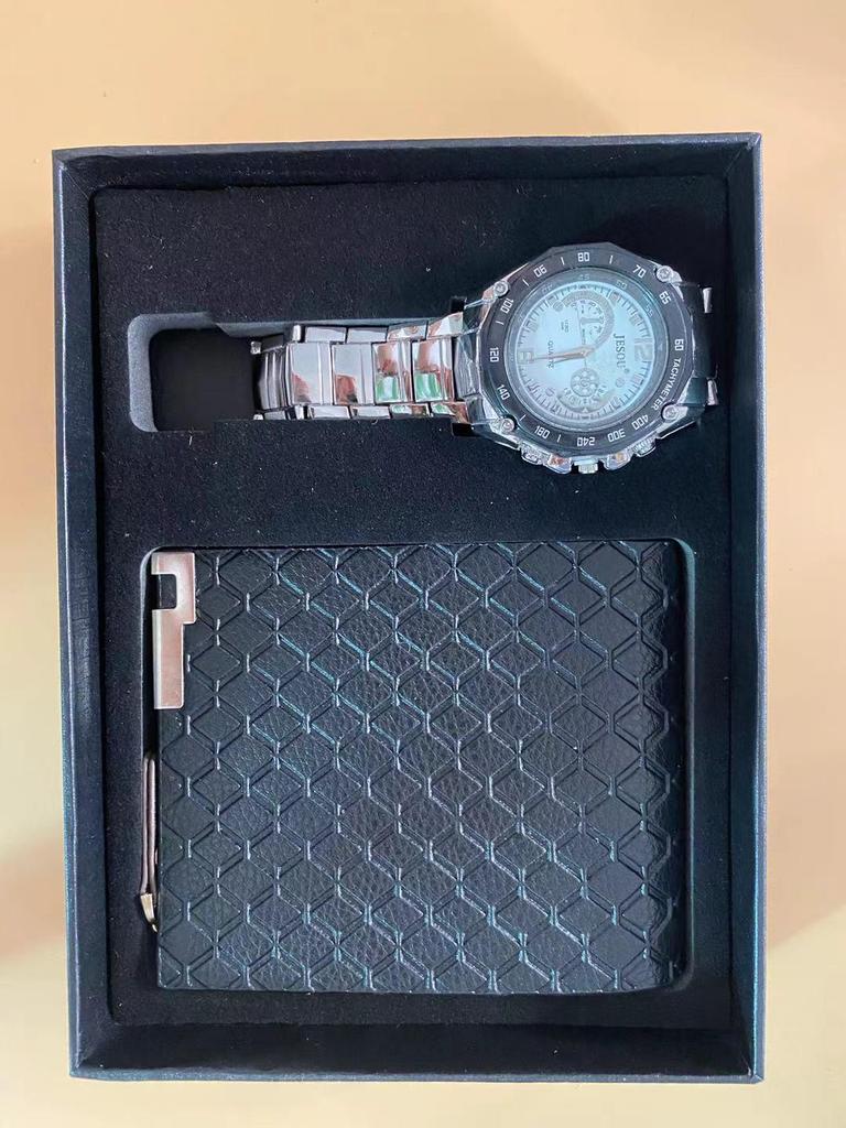 Мужской подарочный набор: Универсальные кварцевые часы и деловой кошелек в разных стилях