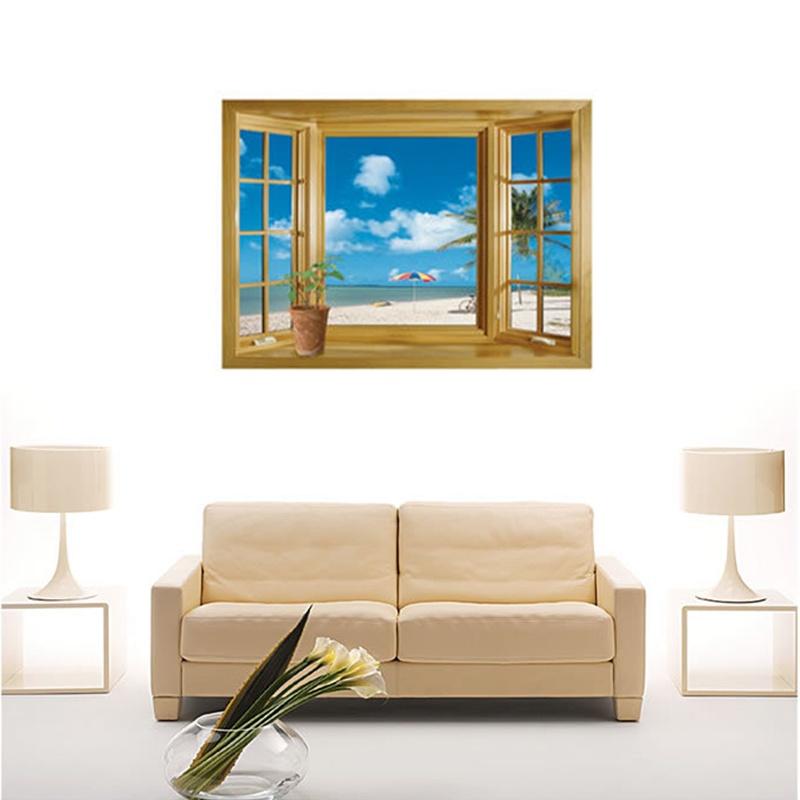 Новое окно 3D принт с видом на пляж морской пейзаж настенные наклейки художественная роспись наклейка обои Декор в гостиную