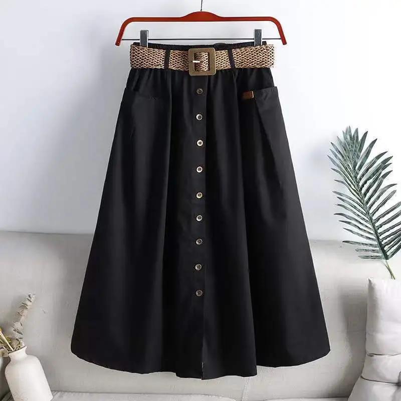Women Summer Casual Solid Color Long Skirts High Waist A -Line Skirt Gift Belt