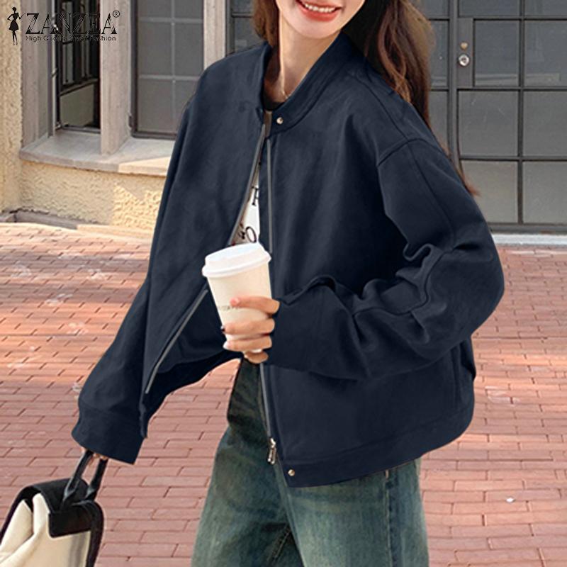 ZANZEA Женские осенние куртки с воротником-стойкой и длинным рукавом, свободные карманы