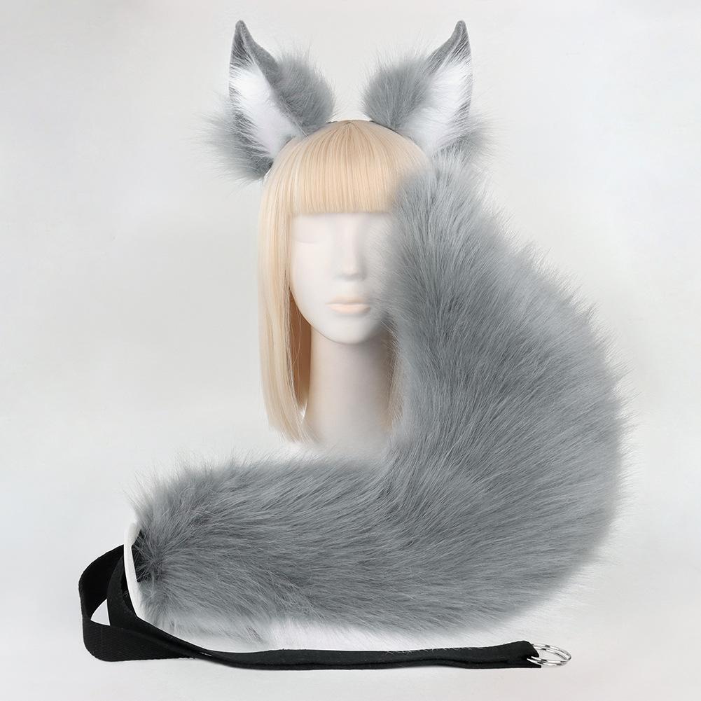Tamamo no Mae-style, realistic and cute plush animal tail and ear costume for anime conventions, featuring fox ears and a fox tail headband