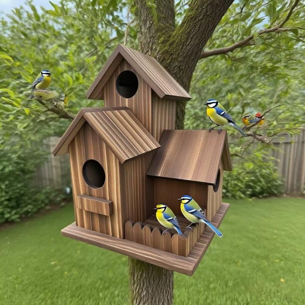 3 Chambers Wooden Bird House Incubation Box Thickened Hanging Birdhouse Rustic Weather Resistant Bird Villa Nest Backyard
