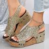 Women's Sexy Wedge Heel Sequins Gold Silver Roman Fish Mouth Sandals Slippers