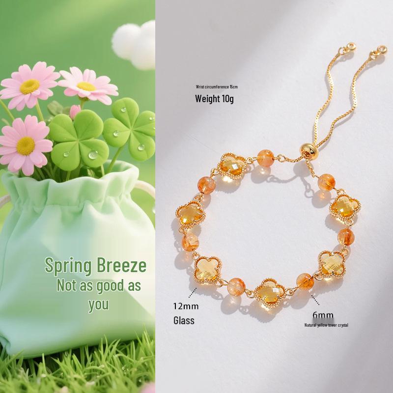 Браслет женский 'Счастливый клевер' с аметистом и розовым кварцем - Четырехлистный клевер Легкая роскошь Модная бижутерия.